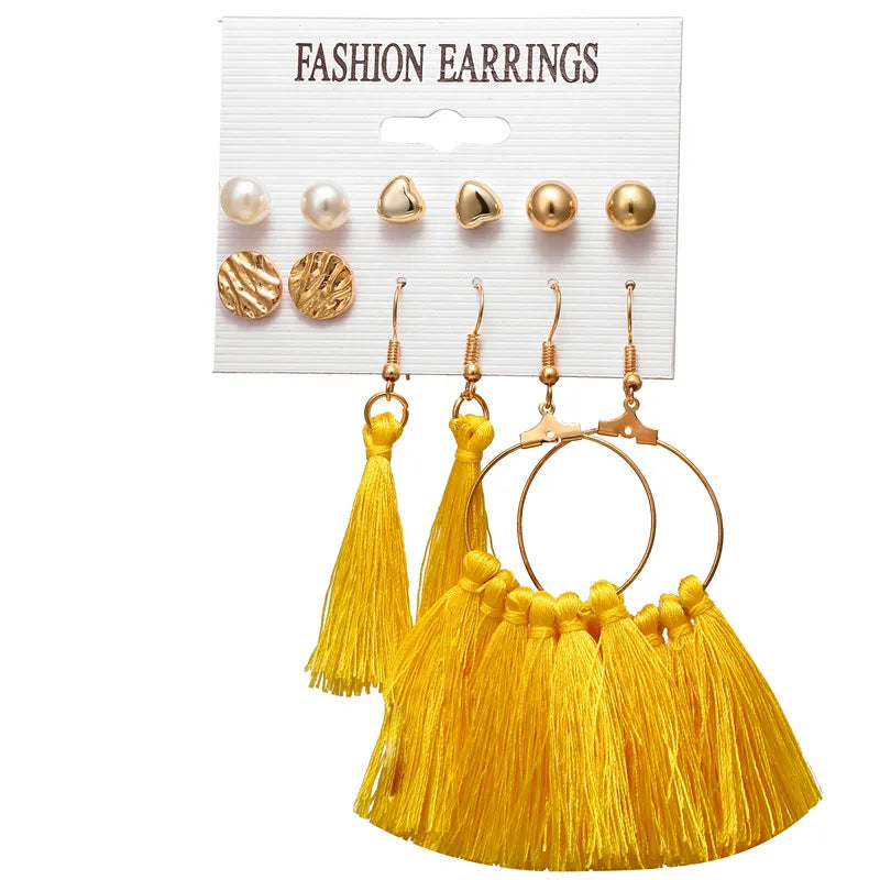 17KM 30 Boho Tassel Earrings Bohemian Long Earrings Set for Women Brincos Geometric Fabric Drop Earring Female Fashion Jewelry