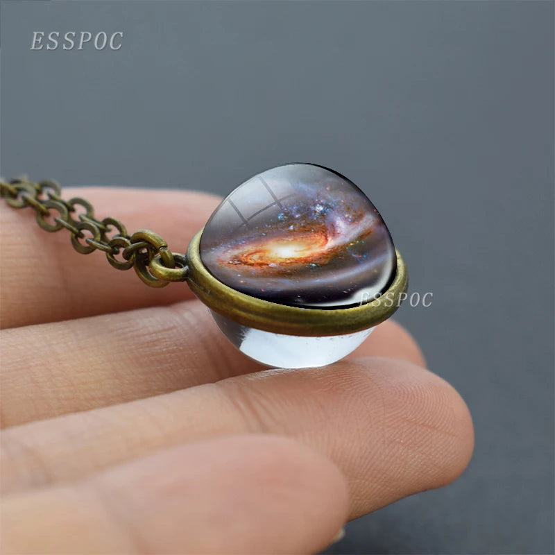 Full Moon Sphere Crystal Ball Glass Necklace Handmade Double Side Glass Ball Pendant Solar System Outer Space Astronomy Jewelry