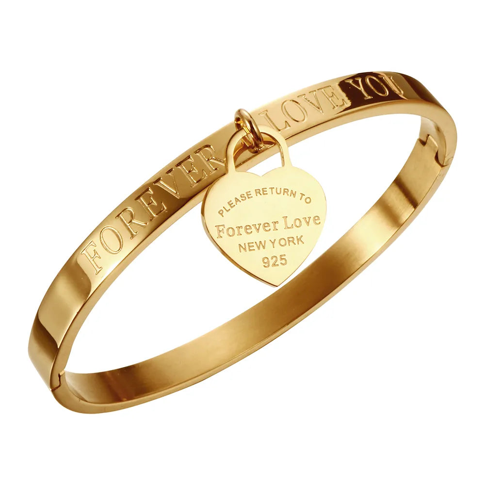 Trendy Lover Cuff Bracelets Bangles for Woman Rose Gold Color Stainless Steel Bracelet With Heart Pendant Luxury Jewelry