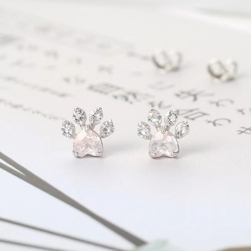 LAMOON Cat Paw 925 Sterling Silver Earrings for Women Rose Quartz Stud Earring Gemstone Stud Earings Fine Jewelry EI040-2
