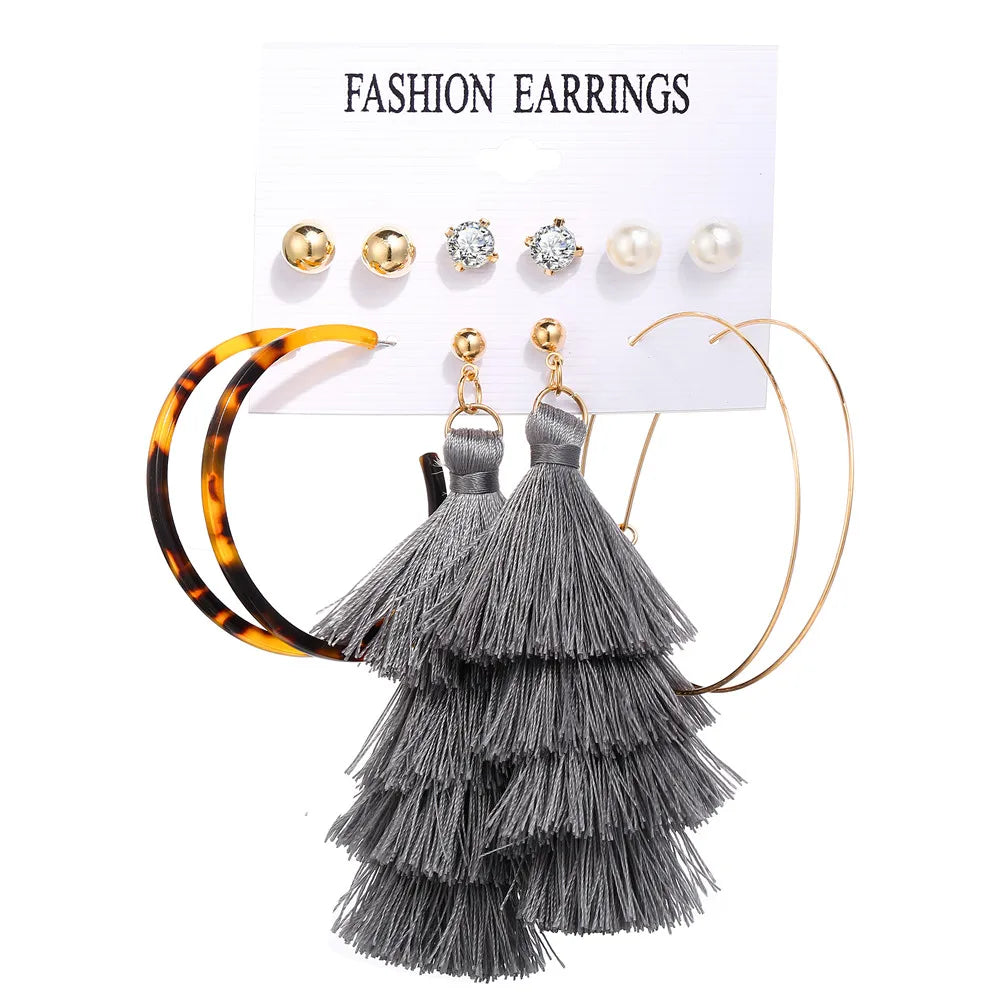 17KM 30 Boho Tassel Earrings Bohemian Long Earrings Set for Women Brincos Geometric Fabric Drop Earring Female Fashion Jewelry