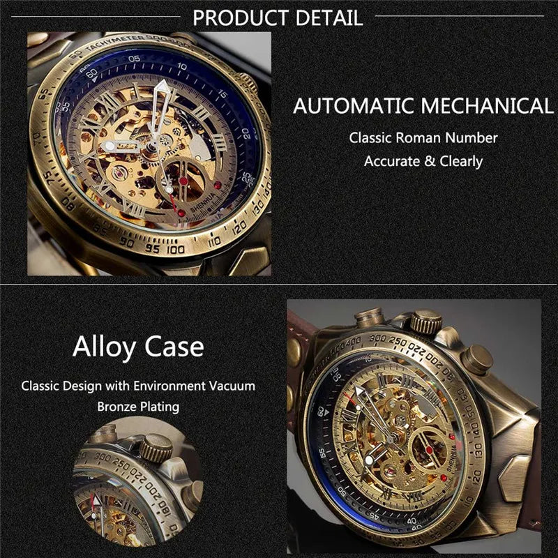 Men Watch Skeleton Automatic Mechanical Male Clock Top Brand Luxury Retro Bronze Sport Military Wristwatch Relogio Masculino