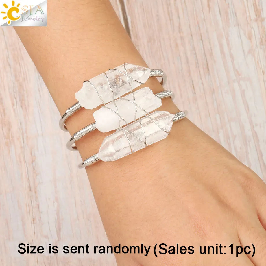 CSJA Natural Stone Clear Quartz Bangles Open Cuff Bracelet Wire Wrap Irregular Crystal Stones Copper Bangle Female Jewelry G168