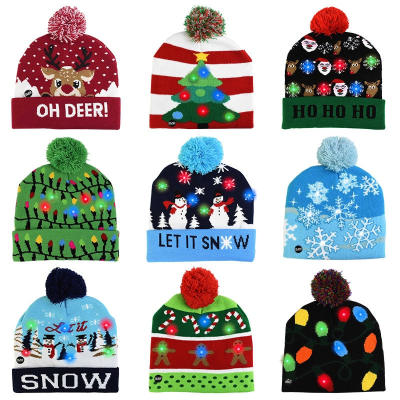 LED Christmas Hat Sweater Knitted Beanie Christmas Light Up Knitted Hat Christmas for Kids Xmas 2023 New Year Decorations