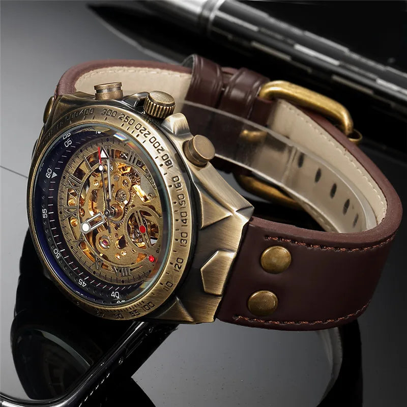 Men Watch Skeleton Automatic Mechanical Male Clock Top Brand Luxury Retro Bronze Sport Military Wristwatch Relogio Masculino