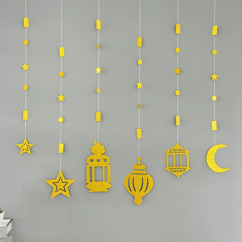 EID Mubarak Swirl Banner Star Moon Ceiling Hanging Ornament Ramadan Kareem Decoration for Home 2024 Islam Muslim Party Supplies