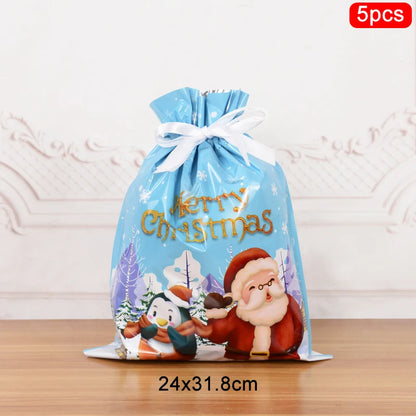 3/5Pcs Merry Christmas Drawstring Gift Bag New Year 2025 Large Candy Cookie Packaging Bag 2024 Navidad Christmas Home Decoration