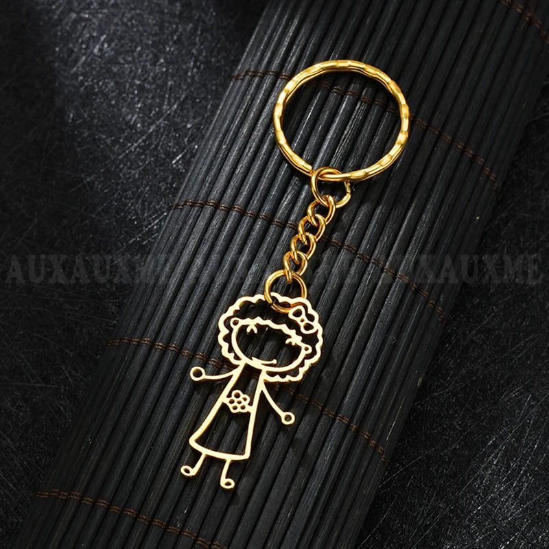 Auxauxme Customized Children's Drawing Keychain Stainless Steel Kid's Art Personalized Custom Name Keyring Christmas Kids GIFT