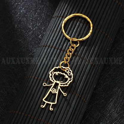Auxauxme Customized Children's Drawing Keychain Stainless Steel Kid's Art Personalized Custom Name Keyring Christmas Kids GIFT