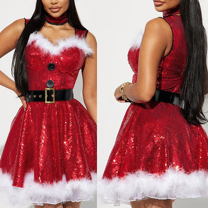 Women Santa Costume Mrs Claus Dress Cosplay Christmas V-Neck Furry Fancy Red Dress for New Year Clothes Y2k Streetwear Outfits