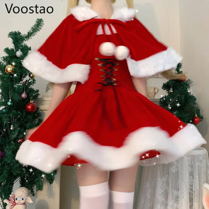 Autumn Winter Cute Christmas Red Shawl Dress Women Sweet Plush Patchwork Drawstring Party Mini Dress Female Kawaii Cloak Vestido