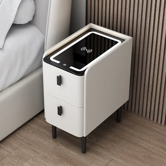 Solid Wood Bedside Table Nordic Style Smart Bedroom Nightstands With Wireless Charging USB Bluetooth Storage Cabinet