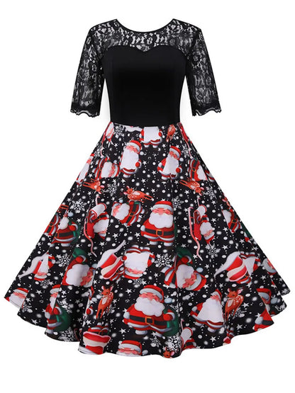 Lace Christmas Dress Women New Short Sleeve Print High Waist Elegant Vintage Winter Xmas Party Sundress 3XL Robe
