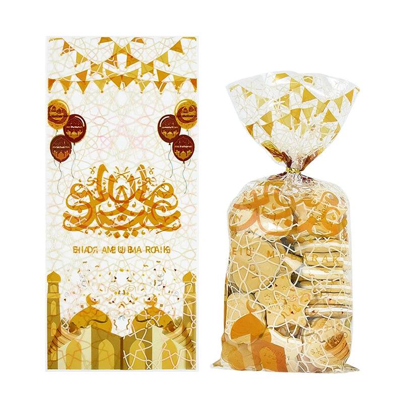 50pcs Eid Mubarak Candy Gift Bag Ramadan Kareem Decor 2024 Eid Gift Cookie Packaging Plastic Bag for Islamic Muslim Party Supply