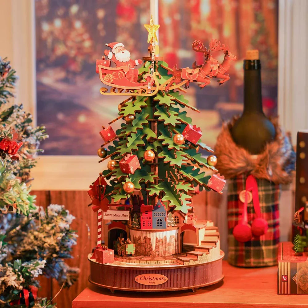 Robotime Rolife Christmas Melody Tree Music Dearmer Boxes 3D Wooden Puzzle With Light Perfect Family  GiftsEasy Assemble Toys