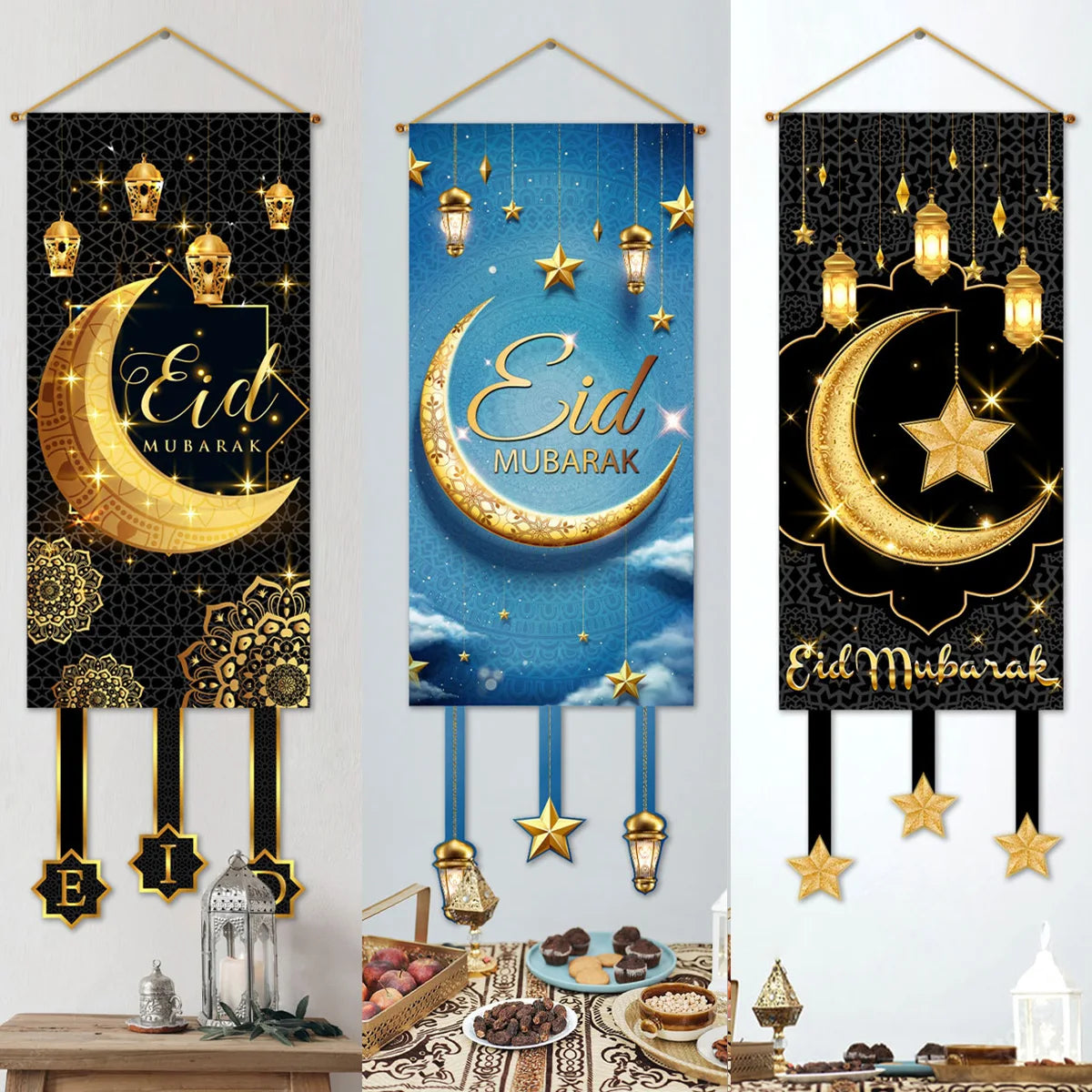 Eid Mubarak Decoration 2024 Hanging Flag Ramadan for Home Door Islamic Muslim Party Decor Ramadan Kareem Banner Eid Al-Fitr Gift