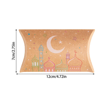 12pcs Eid Mubarak Gift Kraft Bag Box Pillow Shape Candy Box Ramadan Kareem Decoration Gift Packaging Muslim Islamic Party Favor