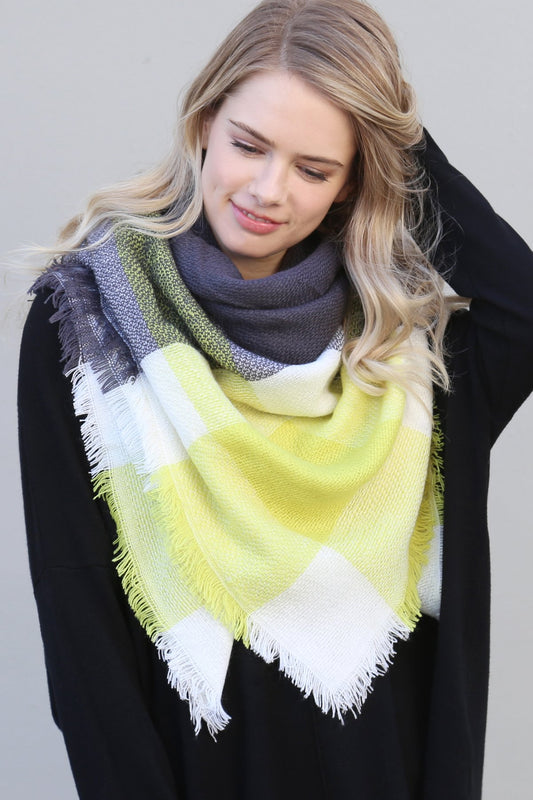 Dark Gray Yellow Blanket Fringed Scarf