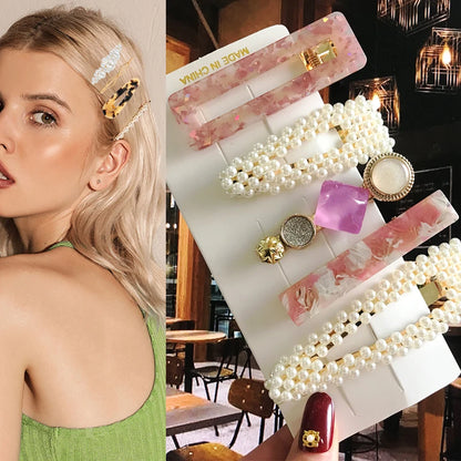 Acrylic Barrettes Headwear Pearl Hair Clip Sets for Women Fashion Geometric Hairpins Hair Accessories Headdress Girl Bobby Clip