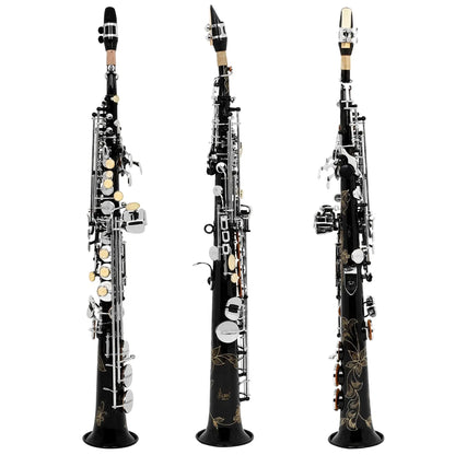 SLADE Black Soprano Saxophone Standard Bb Straight Soprano Saxophone Brass Body Carved White Shell Keys Sax With  Strap Gloves