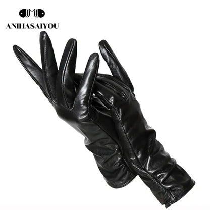 Classic Pleated Leather Gloves Women Color Real Leather Gloves Women Sheepskin Genuine Leather Winter Gloves Women-2081