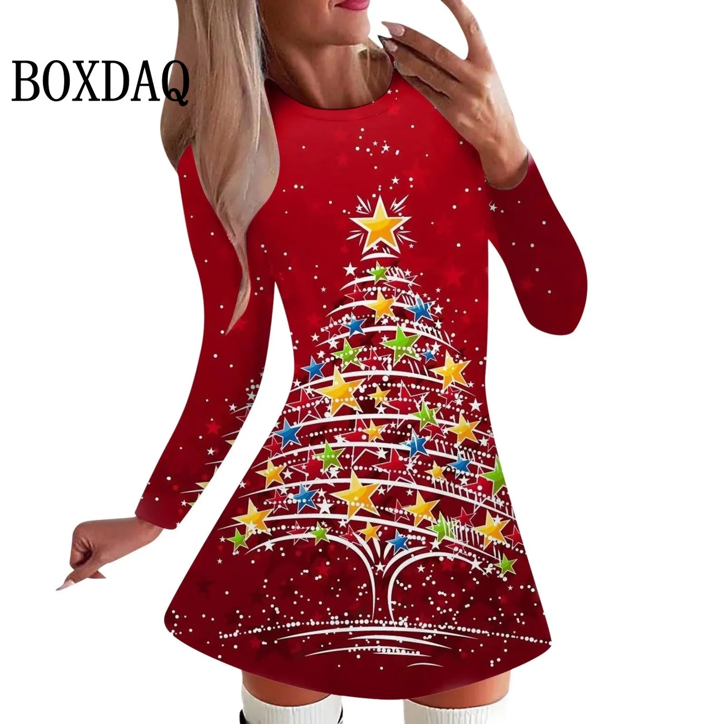 Cartoon Elk Dress Women Cute Christmas Snowflake Print Dress Winter Long Sleeve A-Line Mini Dresses Fashion Xmas Party Clothes