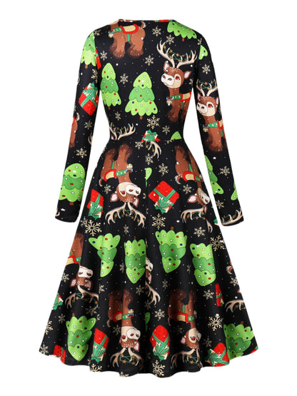 Holiday Sweet Girl Princess Dress Party Christmas Dress Fun Printed Round Neck and Leg Slimming Long Dress