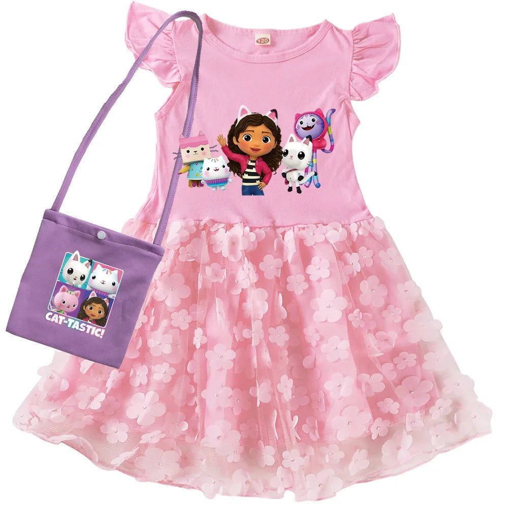 Vestidos Gabbys Dollhouse Clothes Kids Cartoon Gabby Chat Dress Baby Girls Summer Short Sleeve Casual Dresses and Bag & Headband