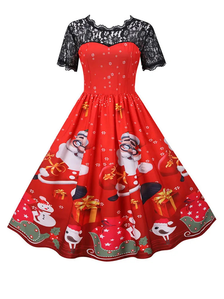 Lace Christmas Dress Women New Short Sleeve Print High Waist Elegant Vintage Winter Xmas Party Sundress 3XL Robe