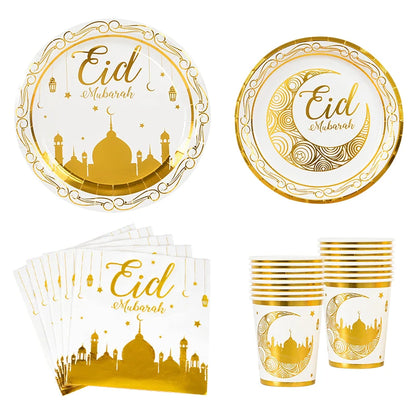 Eid Mubarak Disposable Tableware Gold Plate Cup Banner Gift Bags Islamic Muslim Party Supplies 2024 Ramadan Kareem Decorations