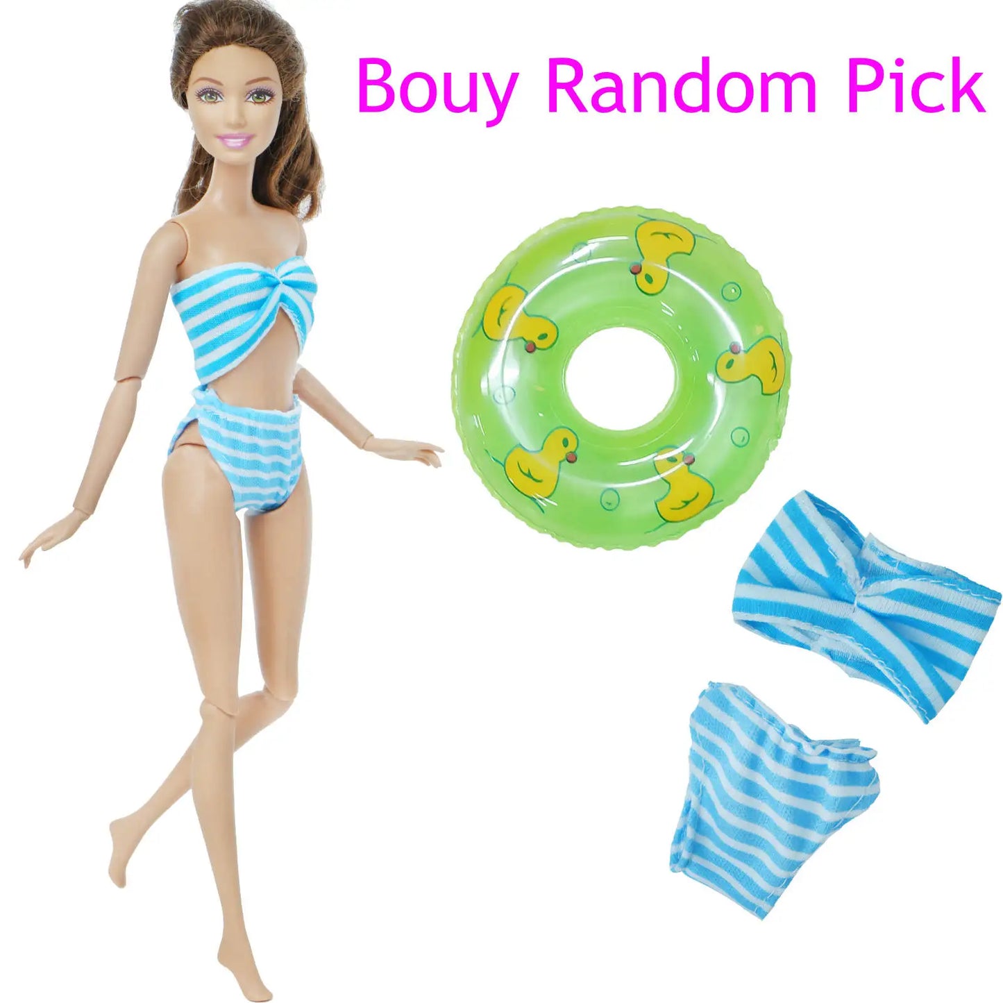 1x Doll Swimwear Beach Bathing Clothes Lovely Bikini Swimsuit + Random 1x Swimming Buoy Lifebelt Ring for Barbie Doll Baby Toys