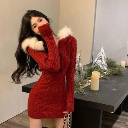 Winter New Christmas Stylish Waist Slimming Long Sleeve Hooded Knitted Red Dress Spicy Girl Sexy Wrap Hip Mini Dress for Women