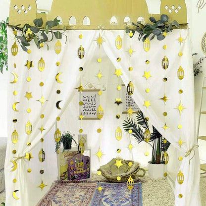 4M Eid Mubarak Banner Gold Silver Star Moon Paper Bunting Garland Ramadan Kareem Decoration Home Islamic Muslim Party Supplies