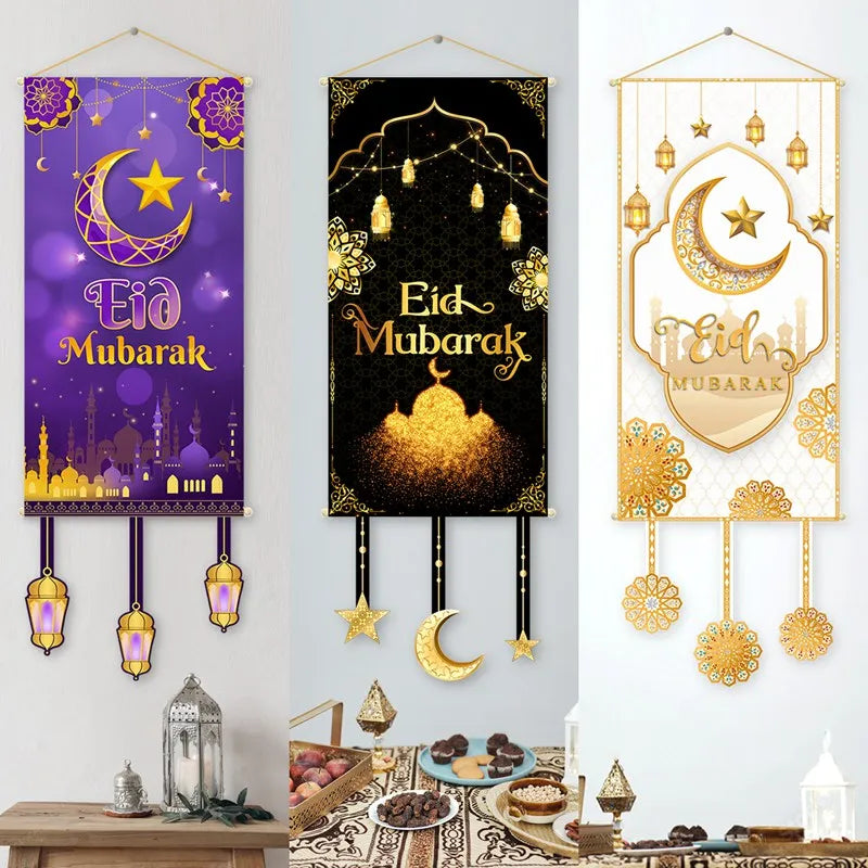 Eid Mubarak Decoration 2024 Hanging Flag Ramadan for Home Door Islamic Muslim Party Decor Ramadan Kareem Banner Eid Al-Fitr Gift