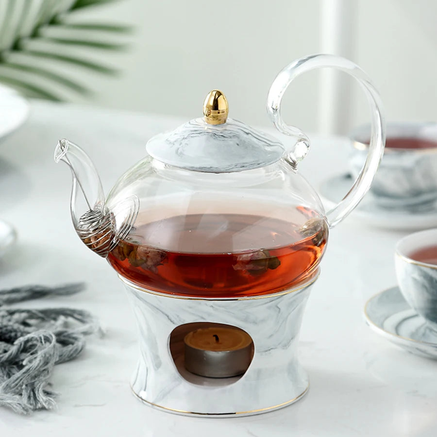 MUZITY Glass Teapot With Ceramic Base Creative Marble Design Tea Pot Tool Kettle Set With Strainer and Candle