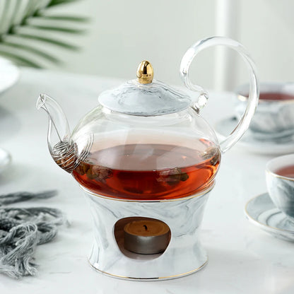 MUZITY Glass Teapot With Ceramic Base Creative Marble Design Tea Pot Tool Kettle Set With Strainer and Candle