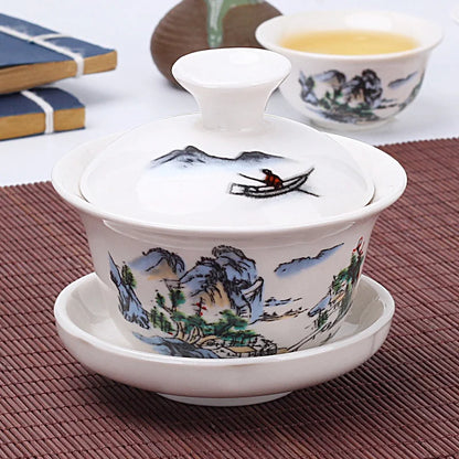 Chinese Traditional Gai Wan Tea Set Bone China Tea Sets Dehua Gaiwan Tea Porcelain Pot Set for Travel Beautiful and Easy Kettle