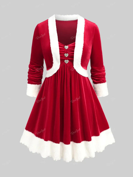 ROSEGAL Plus Size Christmas Dresses Red Ruched Heart Buttons Patchwork Cami Dress and Velvet Top 2023 Women Dress Tee Two Pieces