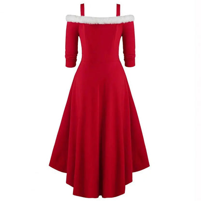 Women Dress Faux Fur Collar Sling Off Shoulder v Neck Long Sleeves Christmas Dress High Low Hem Midi Dress for Christmas