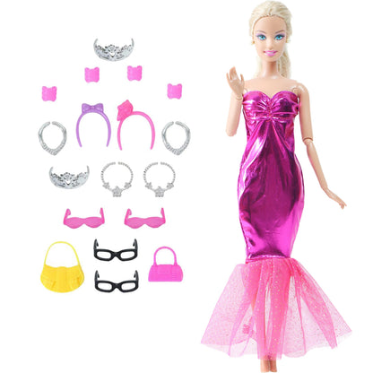14 Pcs / Lot = 1x Fairy Tale Doll Dress + 13x Random Accessories Shoes Handbag Glasses Clothes for Barbie Doll Girl Baby Toys