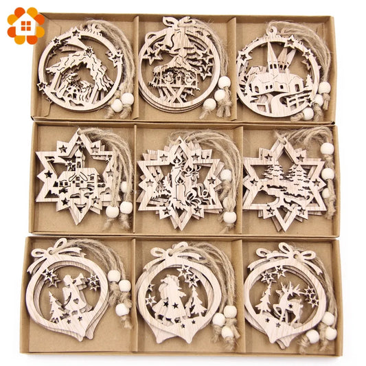 12pcs/Box Vintage Hollow Christmas Wooden Pendants Ornaments Christmas Party Decorations Christmas Tree Ornaments Hanging Gifts