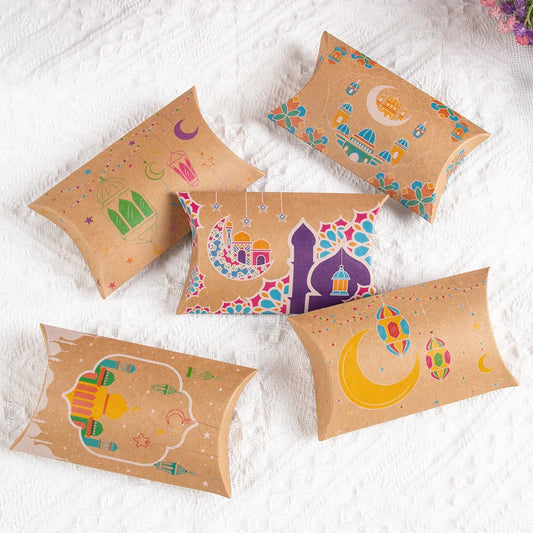 12pcs Eid Mubarak Gift Kraft Bag Box Pillow Shape Candy Box Ramadan Kareem Decoration Gift Packaging Muslim Islamic Party Favor