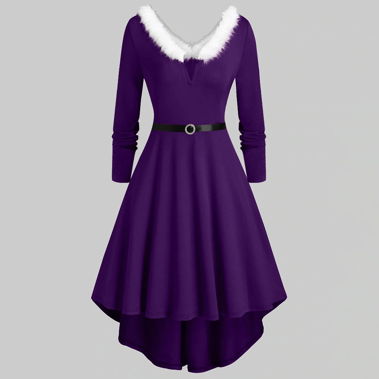 V-Neck Plush Christmas Women'S Dresses Long Sleeve Party Dress Elegant Ladies Red Vestidos Autumn Winter High Waist A-Line Dress