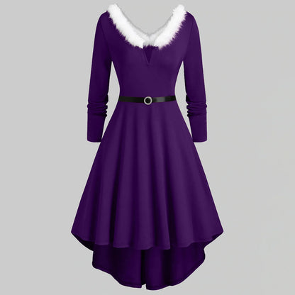 V-Neck Plush Christmas Women'S Dresses Long Sleeve Party Dress Elegant Ladies Red Vestidos Autumn Winter High Waist A-Line Dress