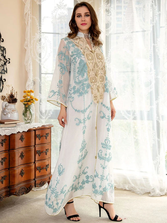 Islamic Embroidery White Jalabiya Imitation Linen Arabic Dress Women Arabian Moroccan Kaftan Party Wedding Abaya Ramadan Eid