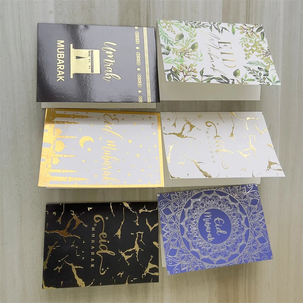6pcs/Set Eid Mubarak Thanks Card Ramadan Decoration Gift Message Greeting Card Islamic Muslim Eid Al-Fitr Festival Party Decor