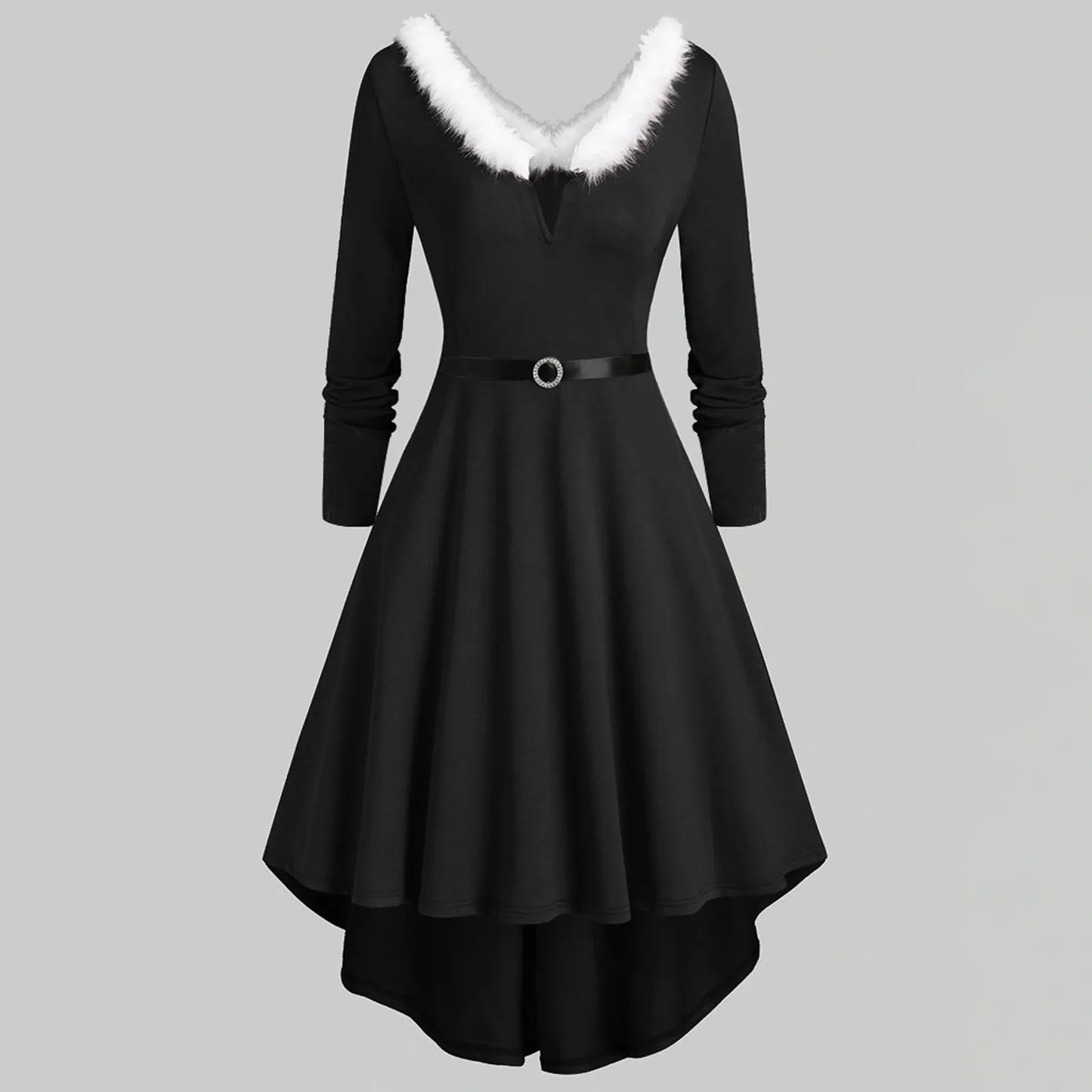 V-Neck Plush Christmas Women'S Dresses Long Sleeve Party Dress Elegant Ladies Red Vestidos Autumn Winter High Waist A-Line Dress