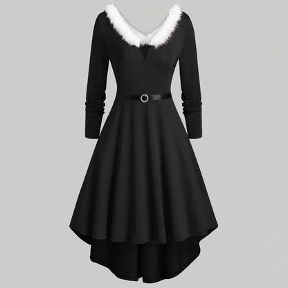 V-Neck Plush Christmas Women'S Dresses Long Sleeve Party Dress Elegant Ladies Red Vestidos Autumn Winter High Waist A-Line Dress