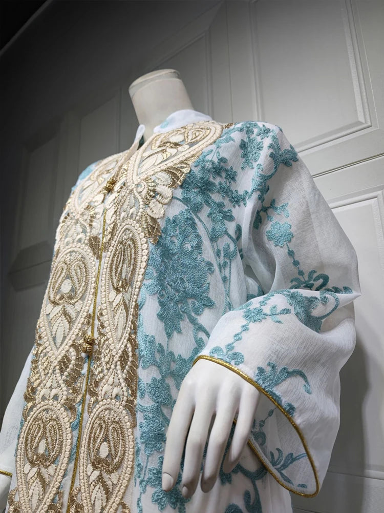 Islamic Embroidery White Jalabiya Imitation Linen Arabic Dress Women Arabian Moroccan Kaftan Party Wedding Abaya Ramadan Eid