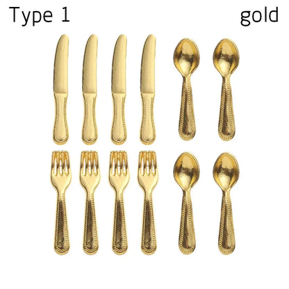 12PCS Gold Silver 1:12 Scale Simulation Toy Dollhouse Furniture Mini Cutlery Doll Accessory Fork Knife Spoon Miniature Cookware